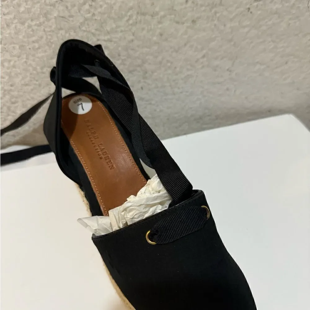 Ralph Lauren Black Uma Espadrille Wedge Ankle Wrap Platform Sandals Size 37
